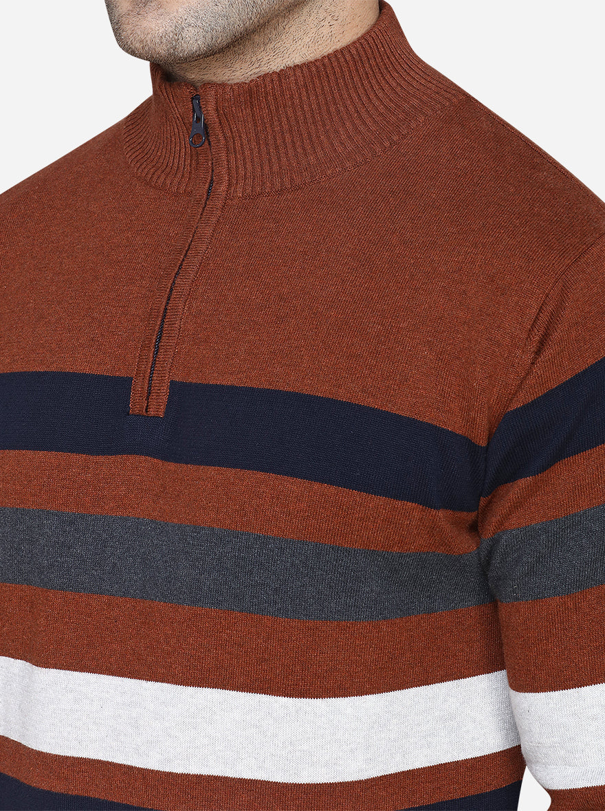 Navy Blue & Brown Striped Slim Fit T-Shirt | JadeBlue Sport