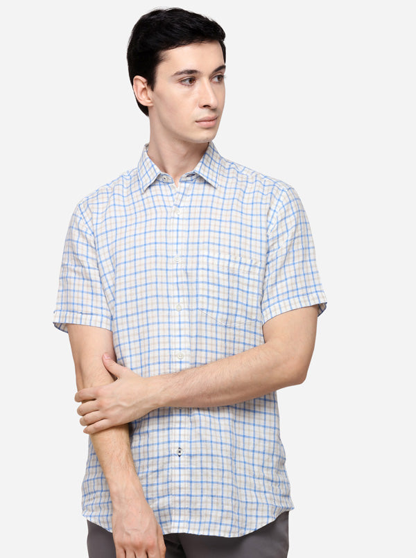 Blue & Cream Tailored Fit Checked Casual Shirt | JB Sport