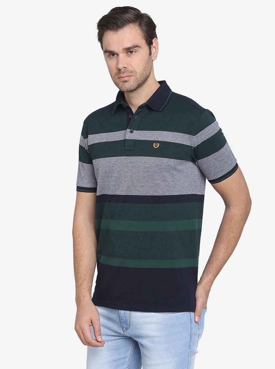 Grey & Green Striped Slim Fit Polo T-shirt  | JadeBlue Sport