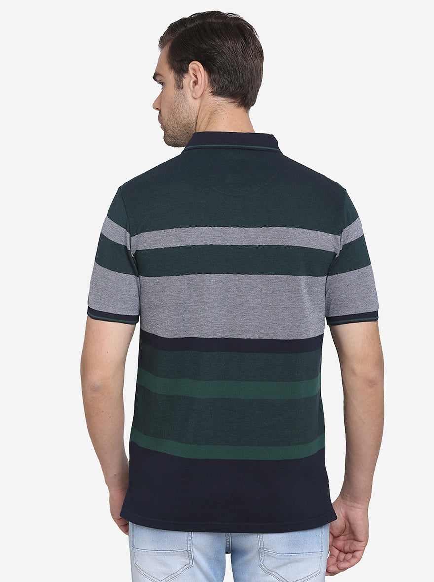 Grey & Green Striped Slim Fit Polo T-shirt  | JadeBlue Sport