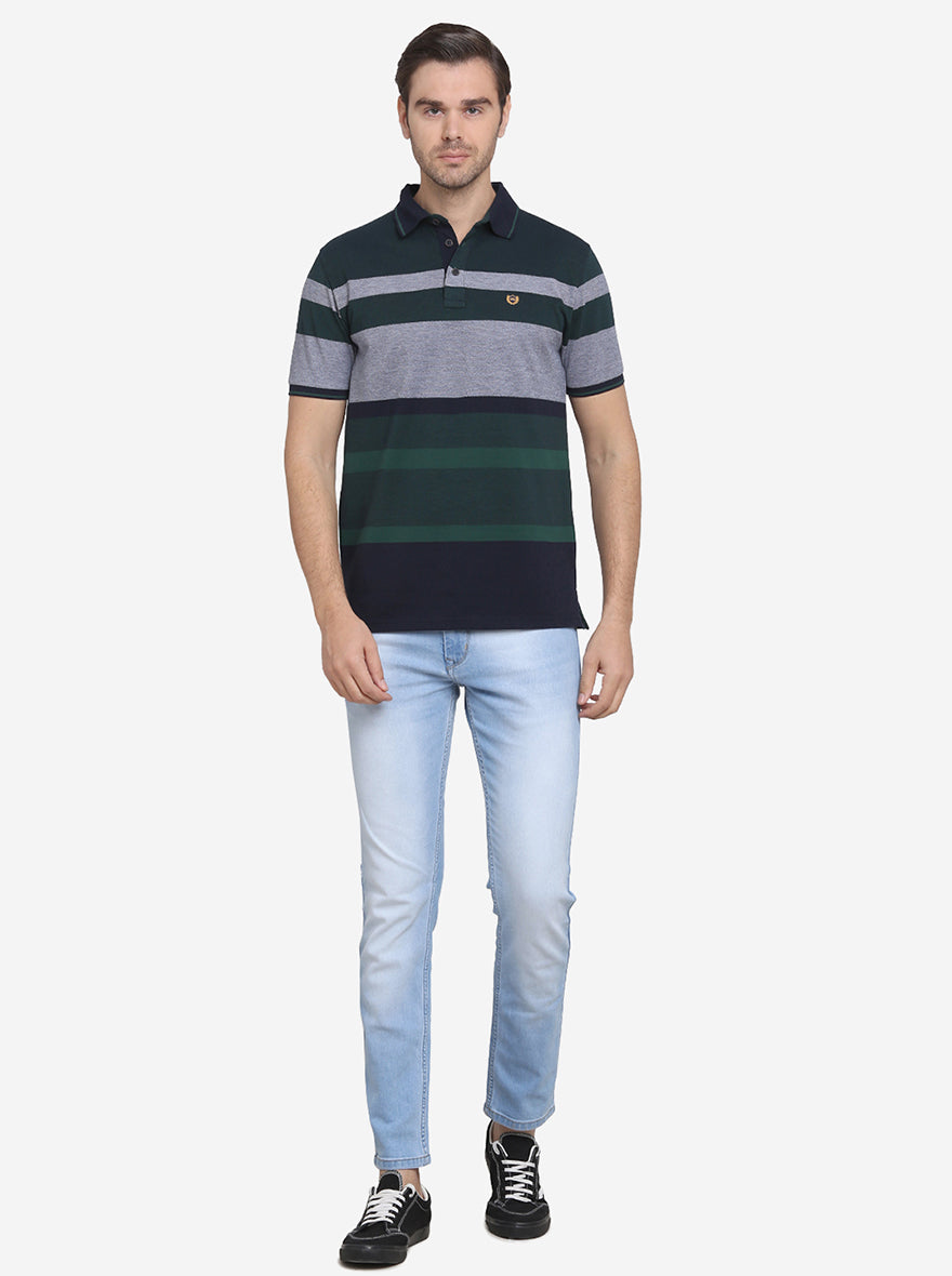 Grey & Green Striped Slim Fit Polo T-shirt  | JadeBlue Sport