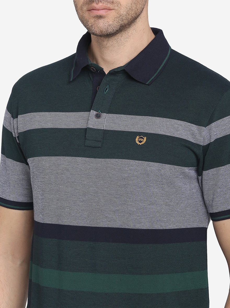 Grey & Green Striped Slim Fit Polo T-shirt  | JadeBlue Sport