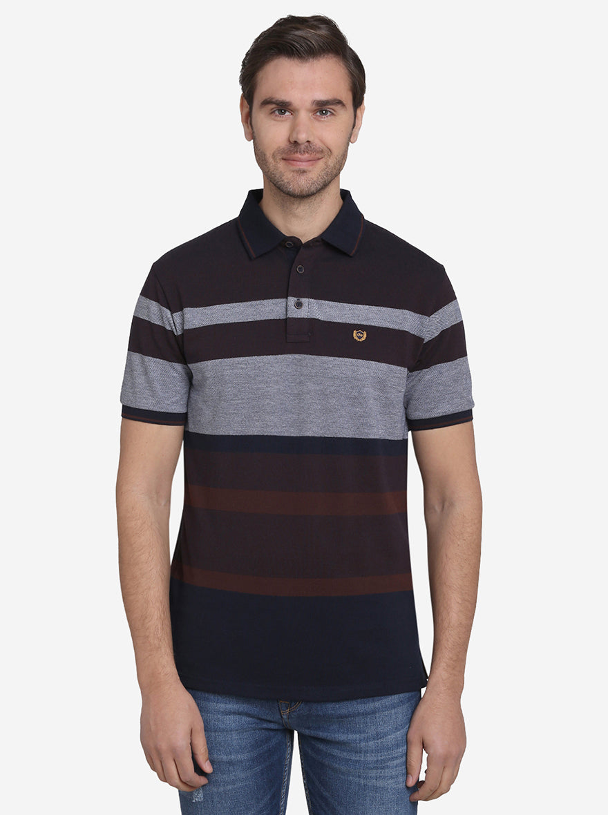 Dark Brown & Grey Striped Slim Fit Polo T-shirt  | JadeBlue Sport