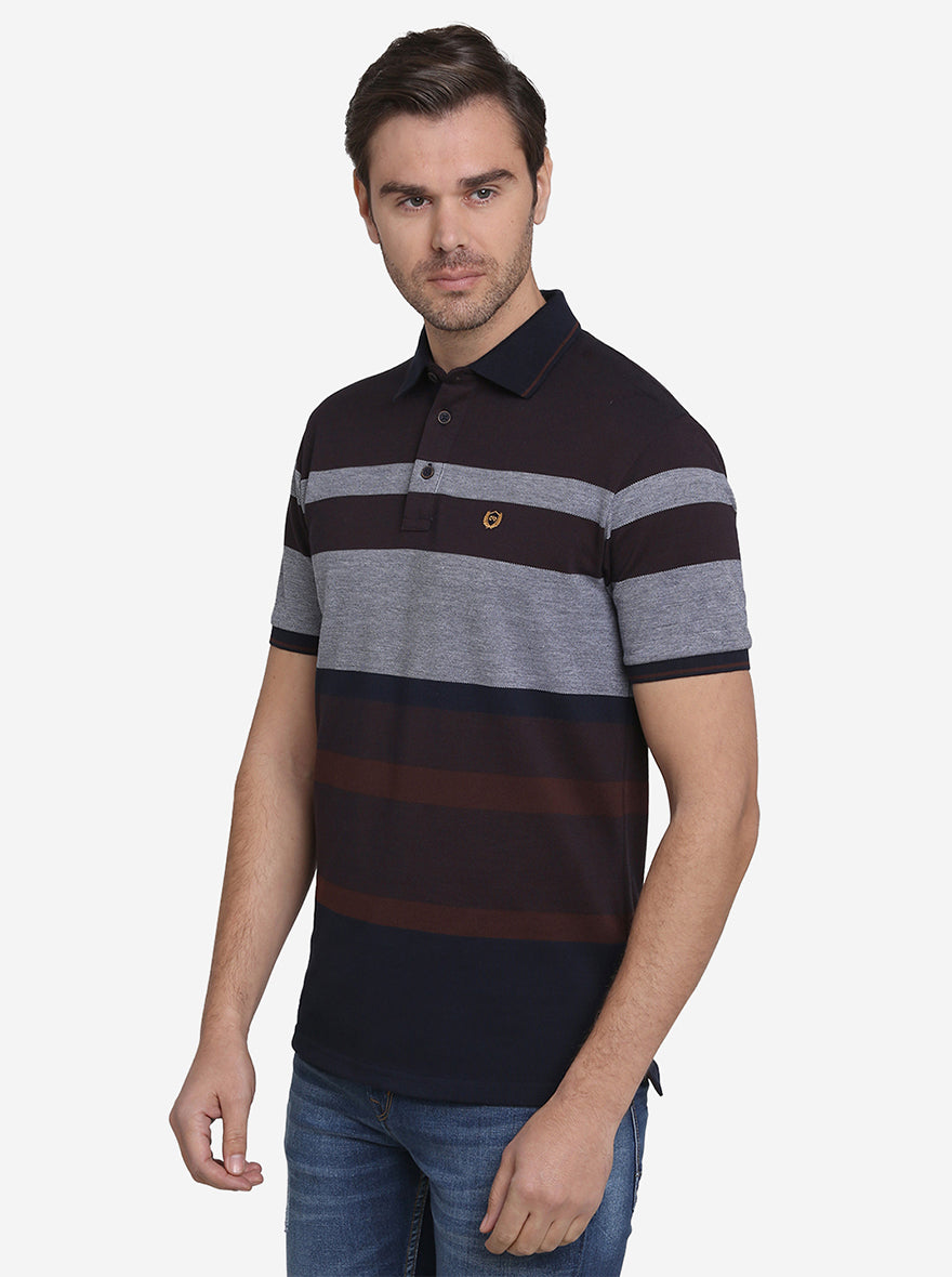 Dark Brown & Grey Striped Slim Fit Polo T-shirt  | JadeBlue Sport