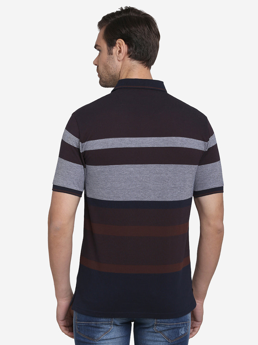 Dark Brown & Grey Striped Slim Fit Polo T-shirt  | JadeBlue Sport