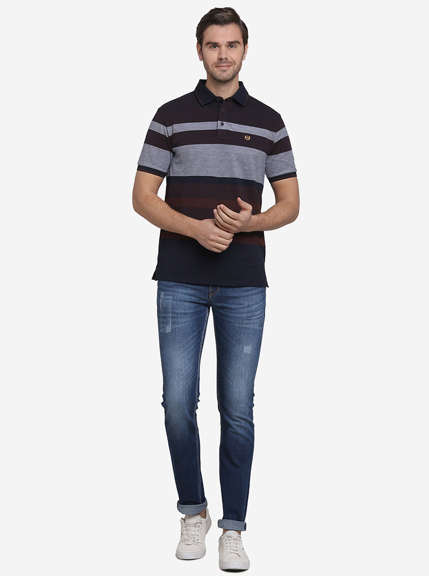 Dark Brown & Grey Striped Slim Fit Polo T-shirt  | JadeBlue Sport