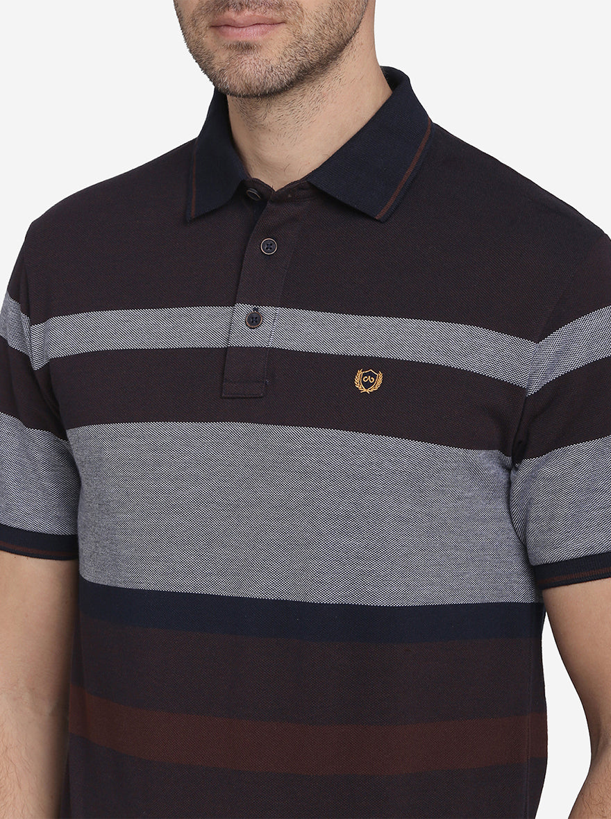 Dark Brown & Grey Striped Slim Fit Polo T-shirt  | JadeBlue Sport