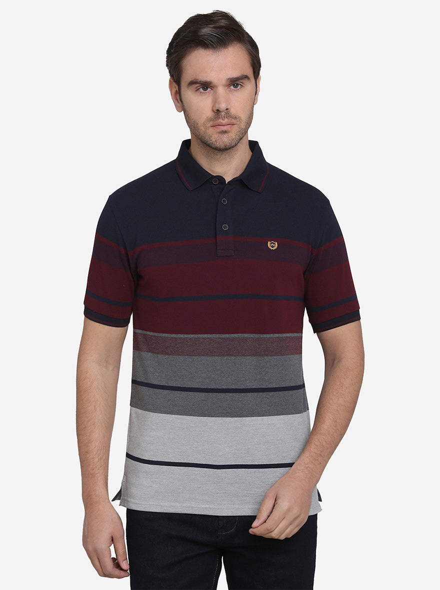 Maroon & Navy Blue Striped Slim Fit Polo T-shirt  | JadeBlue Sport