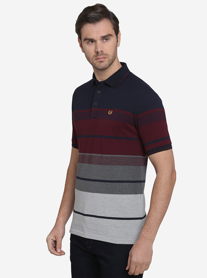 Maroon & Navy Blue Striped Slim Fit Polo T-shirt  | JadeBlue Sport