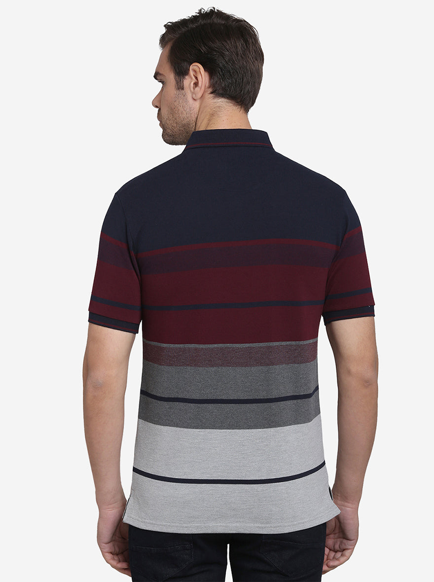 Maroon & Navy Blue Striped Slim Fit Polo T-shirt  | JadeBlue Sport