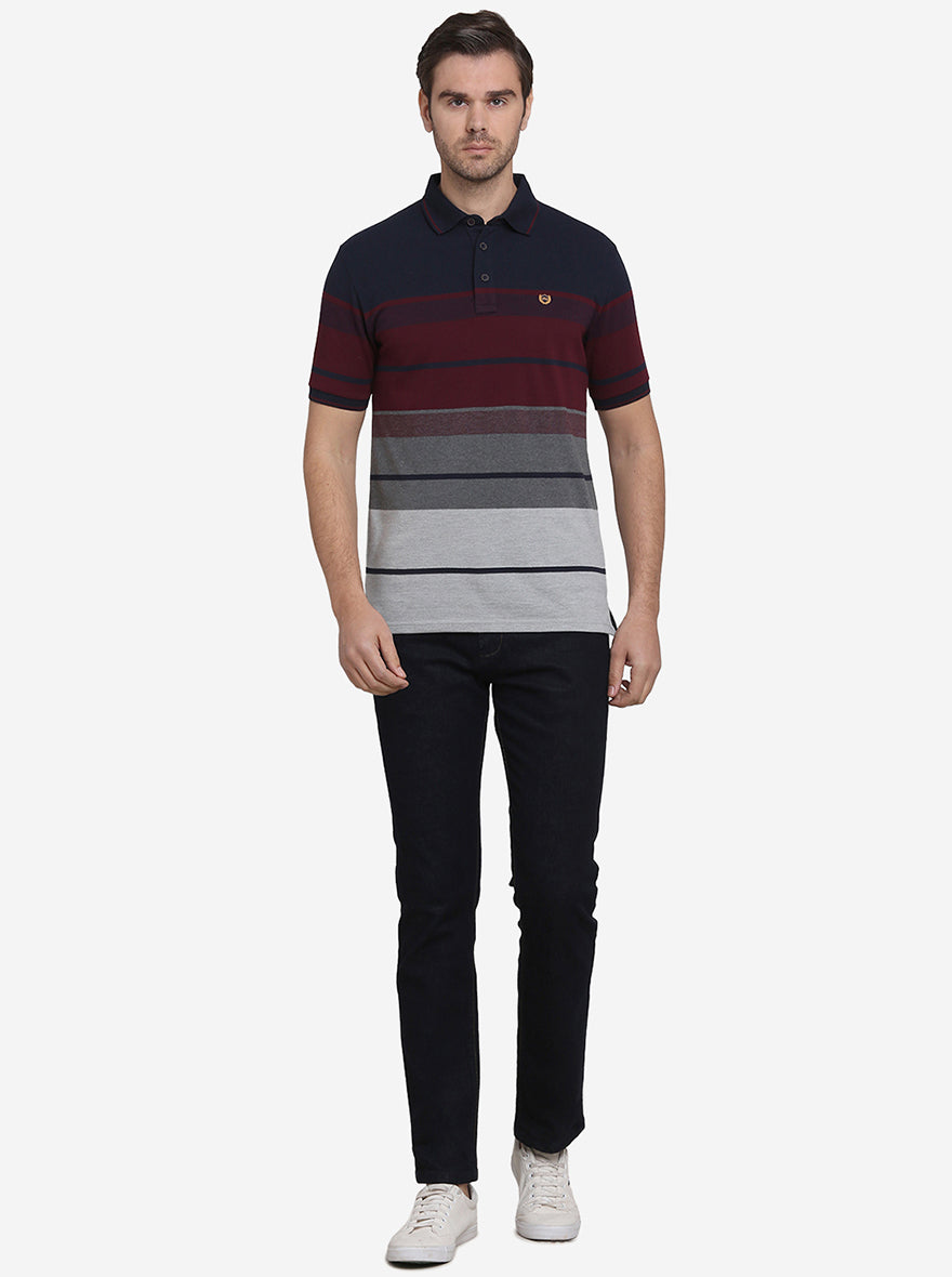 Maroon & Navy Blue Striped Slim Fit Polo T-shirt  | JadeBlue Sport