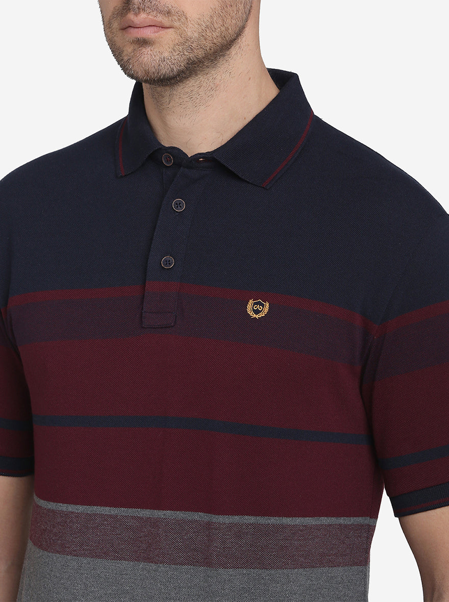 Maroon & Navy Blue Striped Slim Fit Polo T-shirt  | JadeBlue Sport