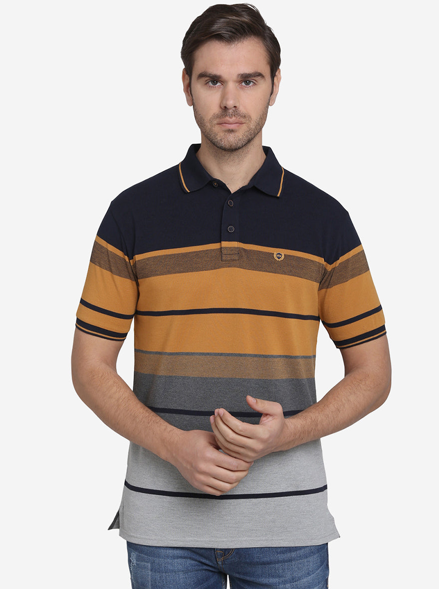 Navy Blue & Smoke Grey Striped Slim Fit Polo T-shirt  | JadeBlue Sport