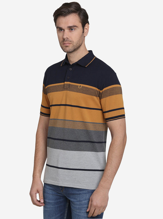 Navy Blue & Smoke Grey Striped Slim Fit Polo T-shirt  | JadeBlue Sport