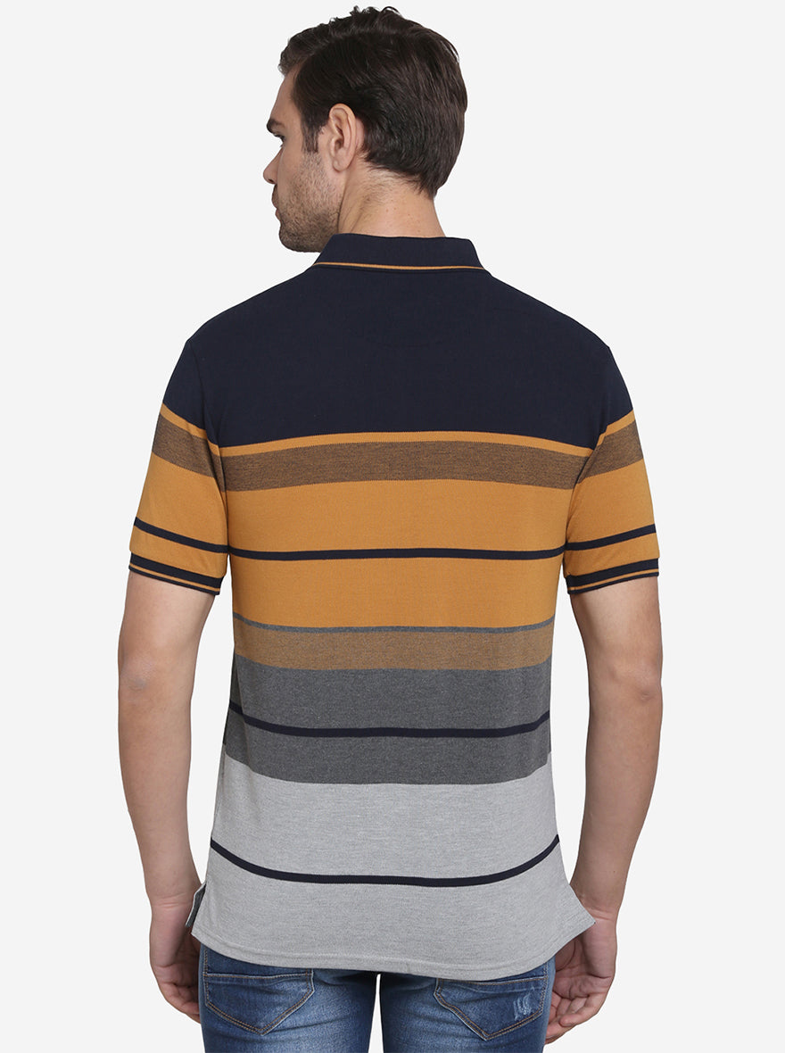 Navy Blue & Smoke Grey Striped Slim Fit Polo T-shirt  | JadeBlue Sport