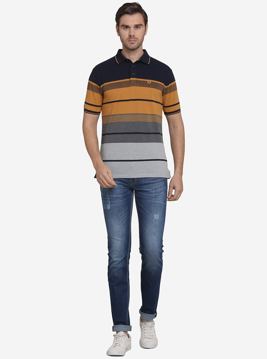 Navy Blue & Smoke Grey Striped Slim Fit Polo T-shirt  | JadeBlue Sport