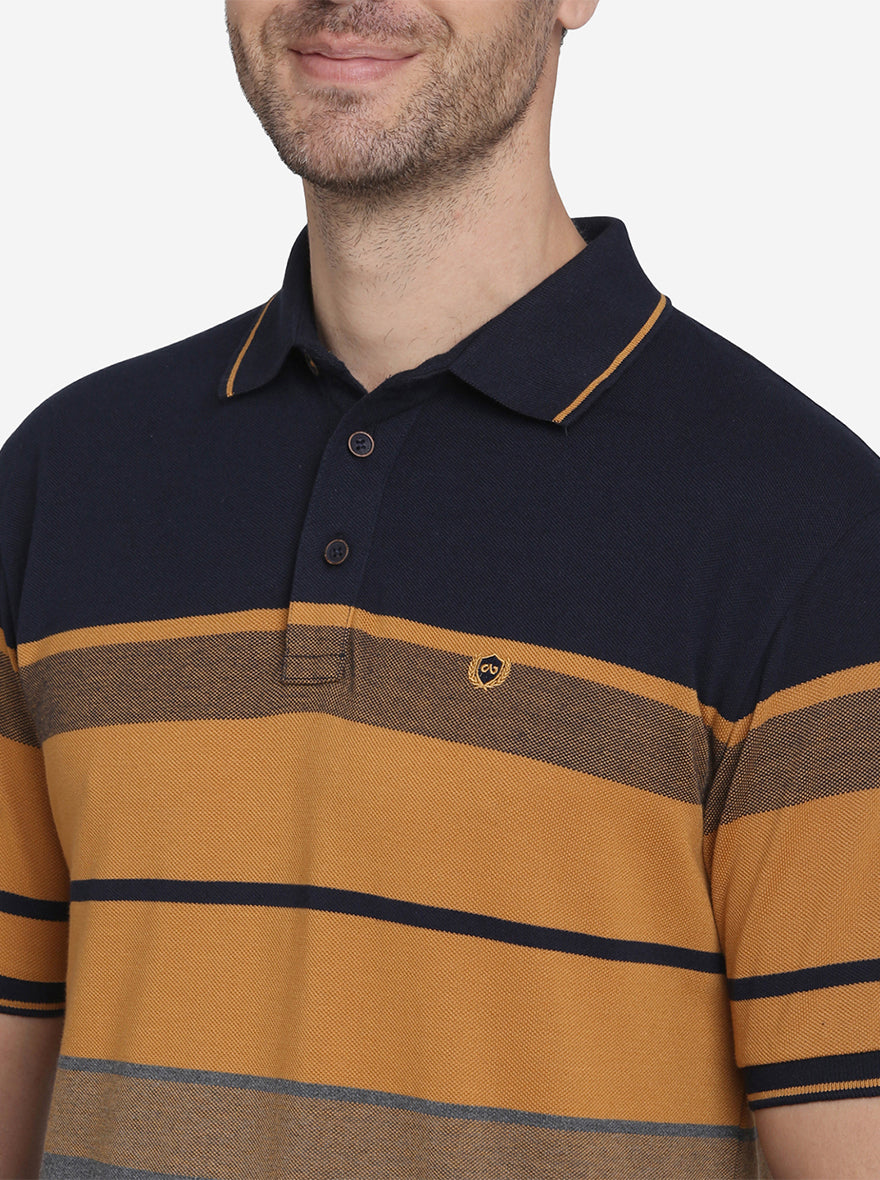 Navy Blue & Smoke Grey Striped Slim Fit Polo T-shirt  | JadeBlue Sport