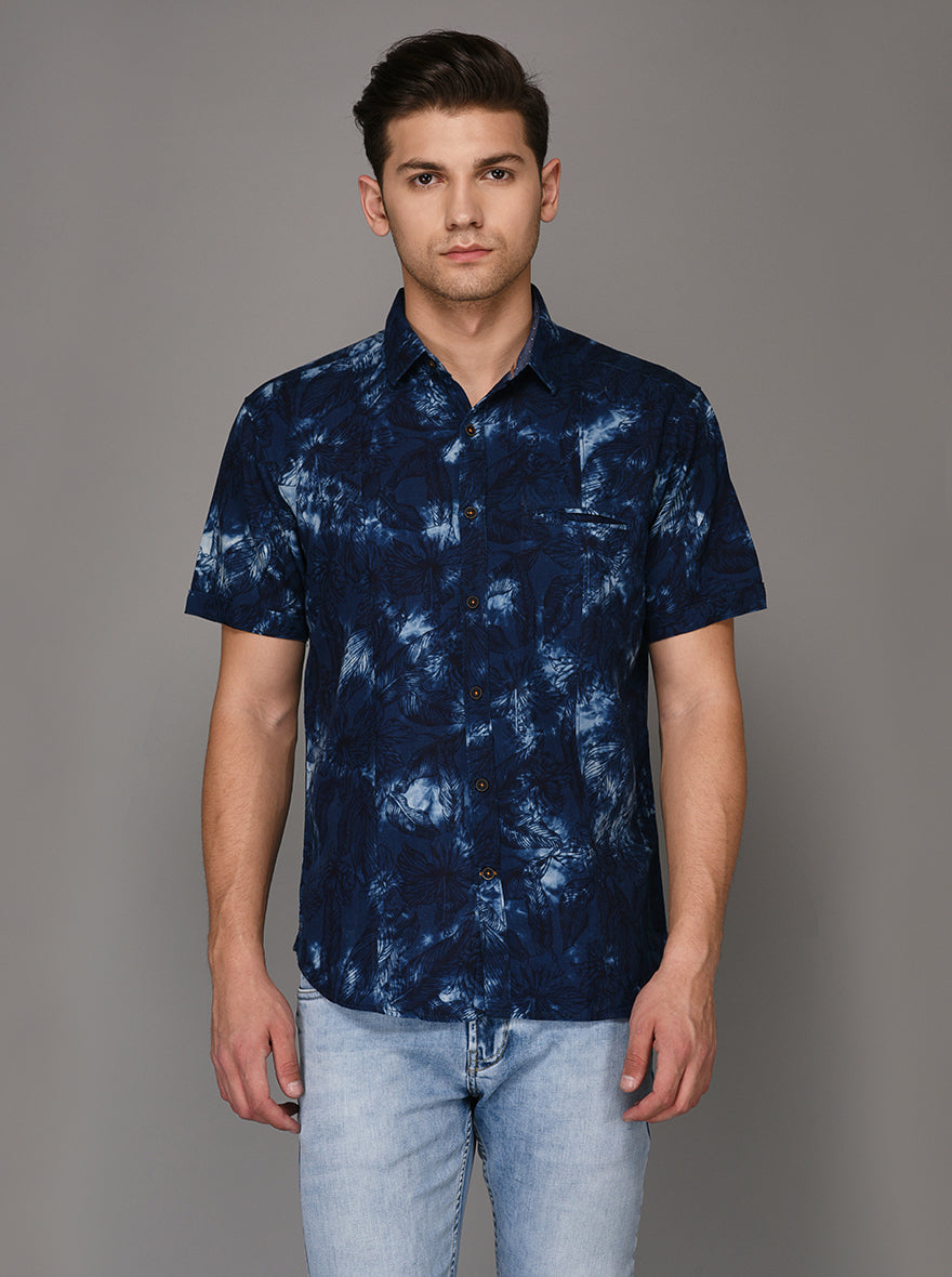 JB Sport Blue Printed Slim Fit Casual Shirt