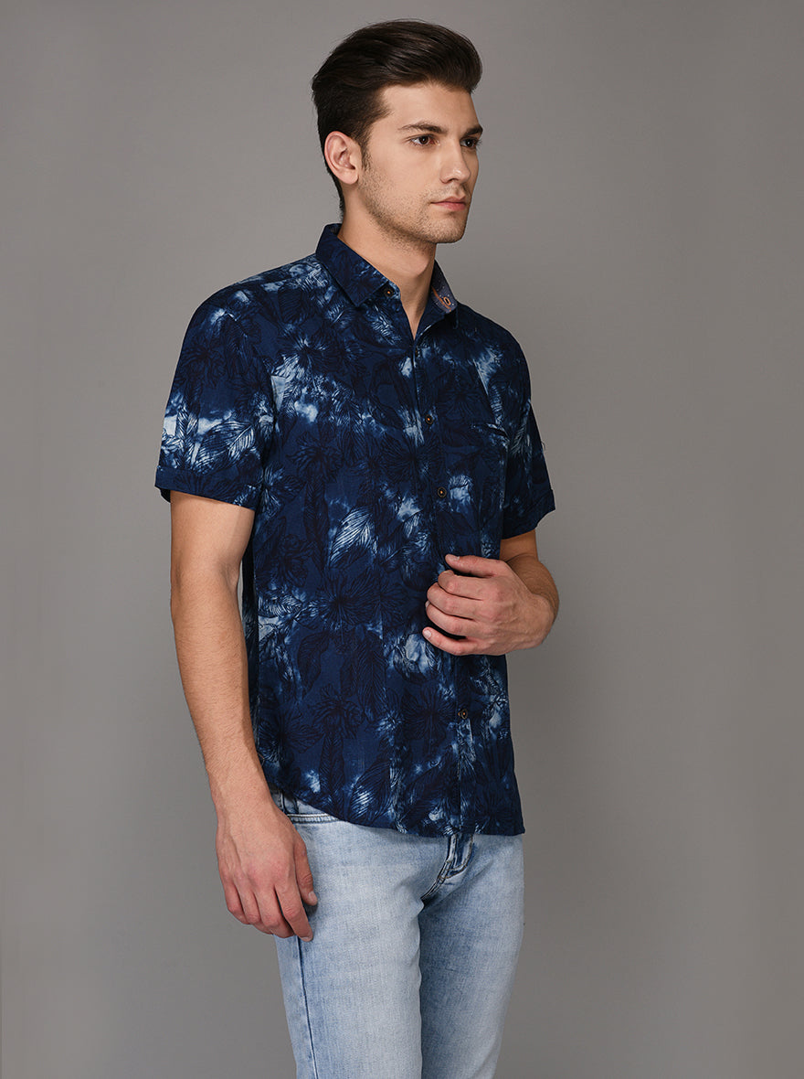 JB Sport Blue Printed Slim Fit Casual Shirt