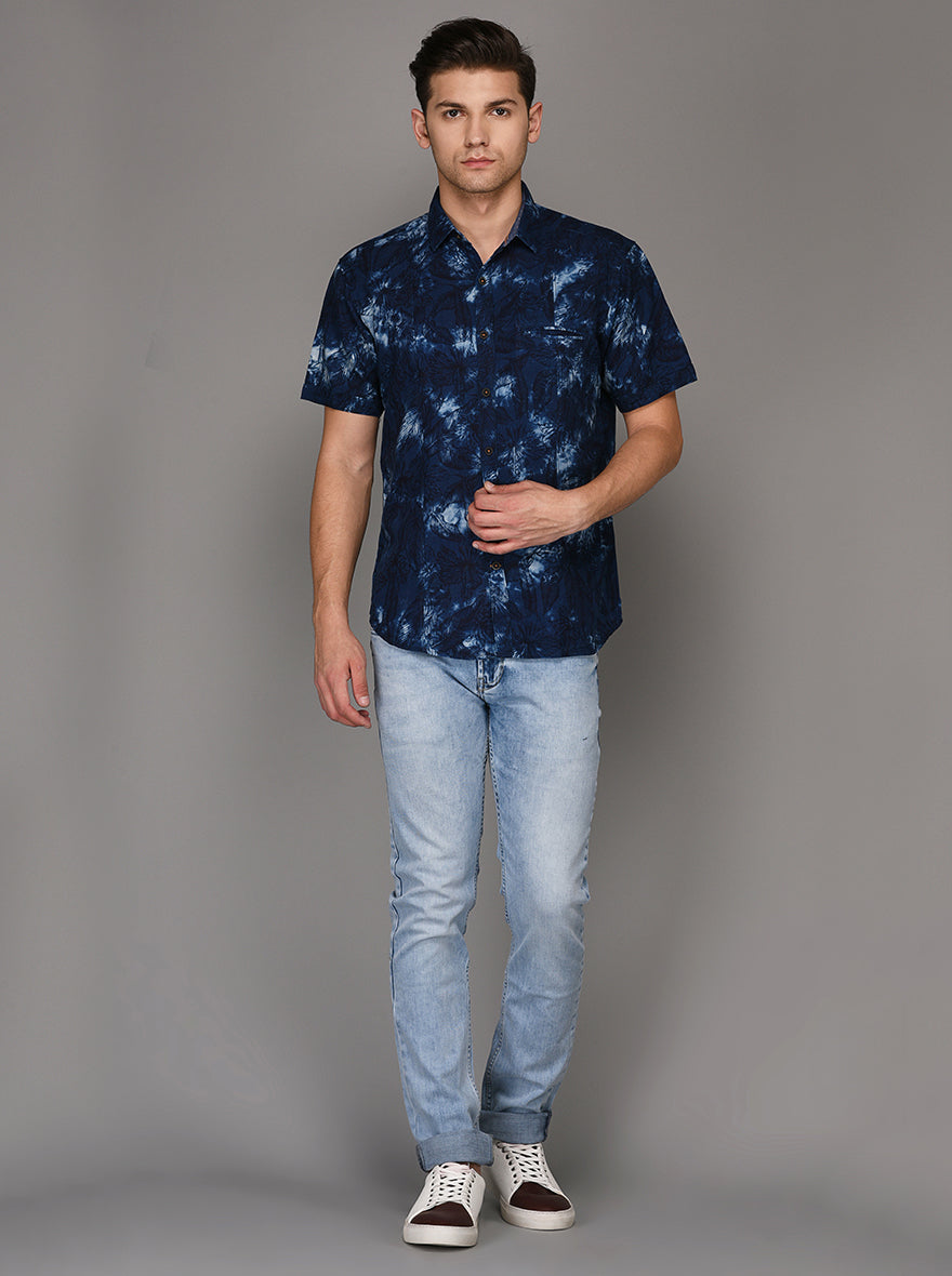 JB Sport Blue Printed Slim Fit Casual Shirt