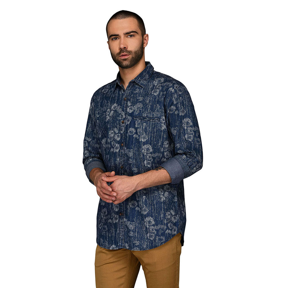 JB Sport Navy Blue Printed Slim Fit Casual Shirt