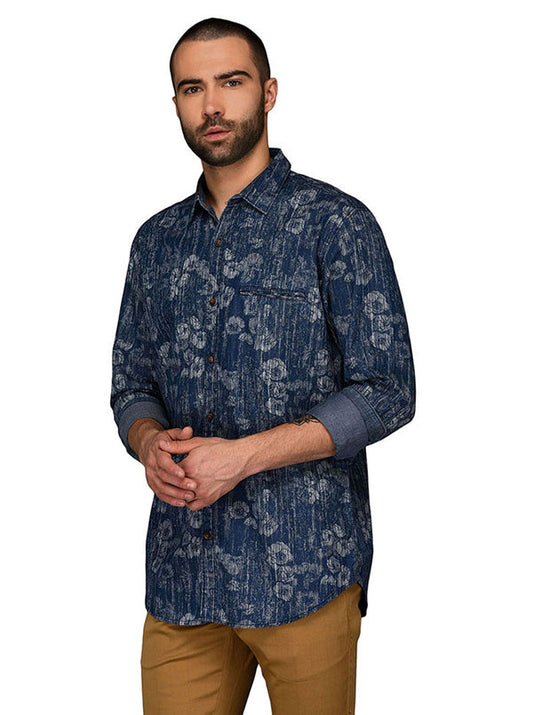 JB Sport Navy Blue Printed Slim Fit Casual Shirt