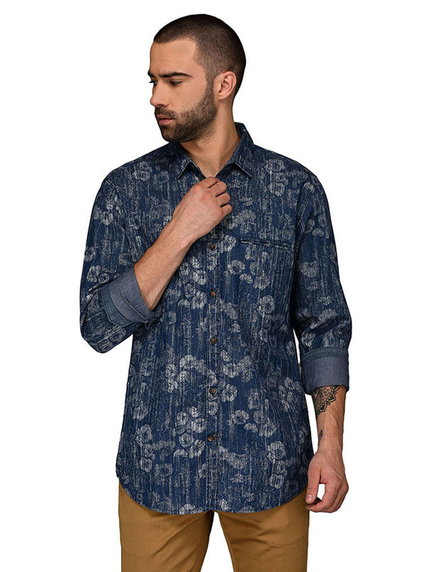 JB Sport Navy Blue Printed Slim Fit Casual Shirt