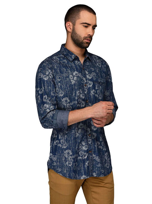 JB Sport Navy Blue Printed Slim Fit Casual Shirt