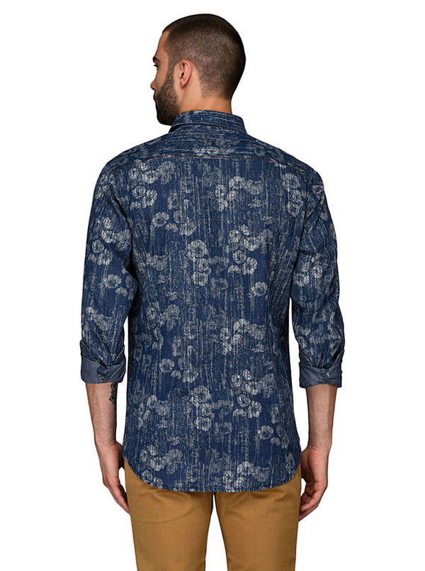 JB Sport Navy Blue Printed Slim Fit Casual Shirt