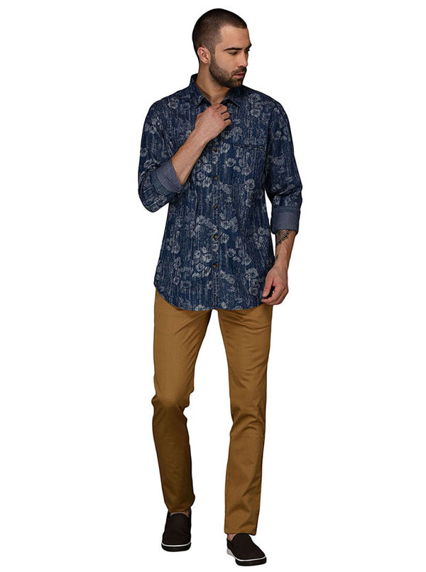 JB Sport Navy Blue Printed Slim Fit Casual Shirt