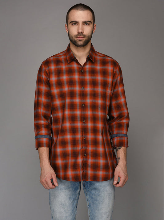 JB Sport Orange Checked Slim Fit Casual Shirt