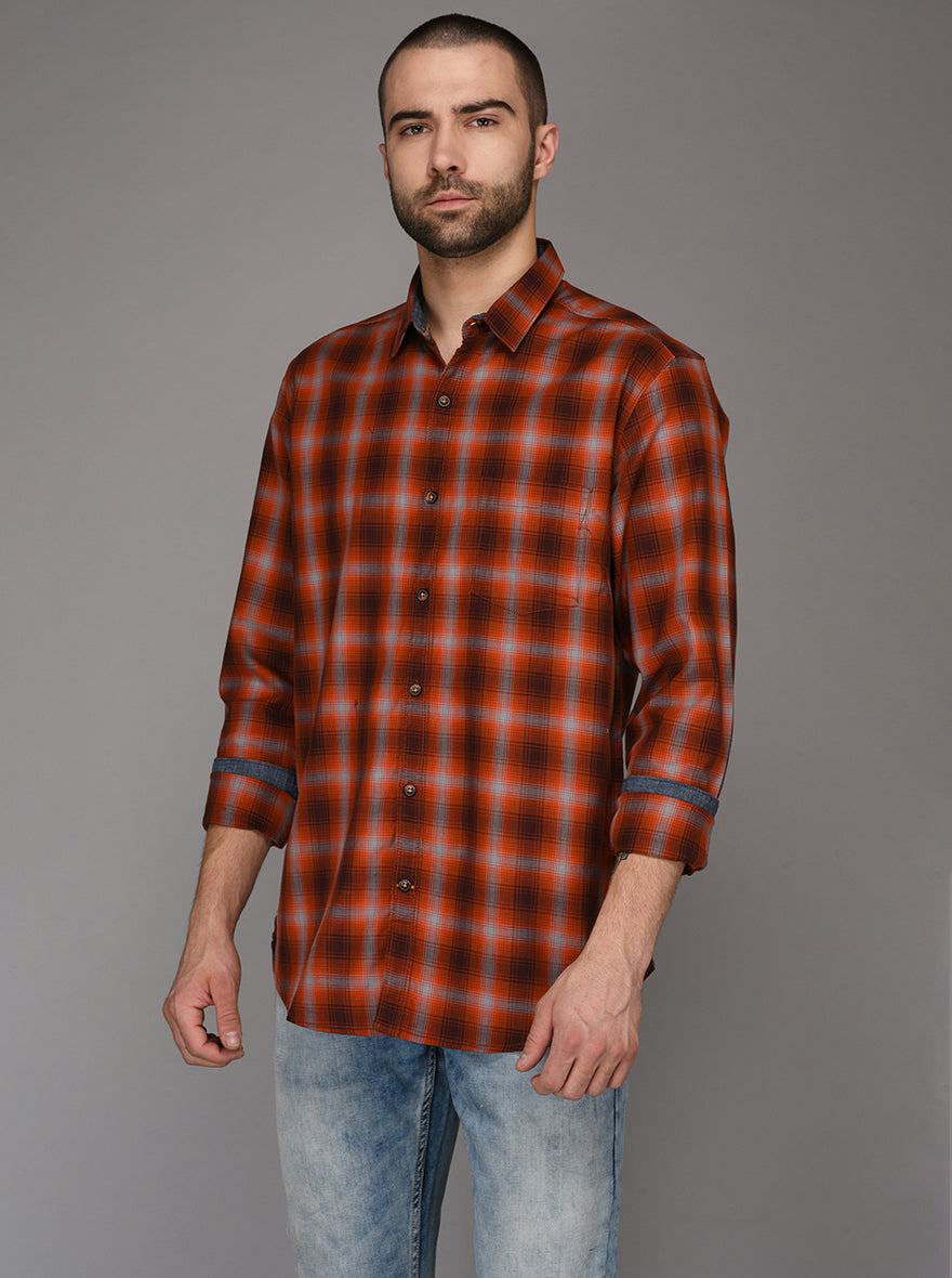 JB Sport Orange Checked Slim Fit Casual Shirt