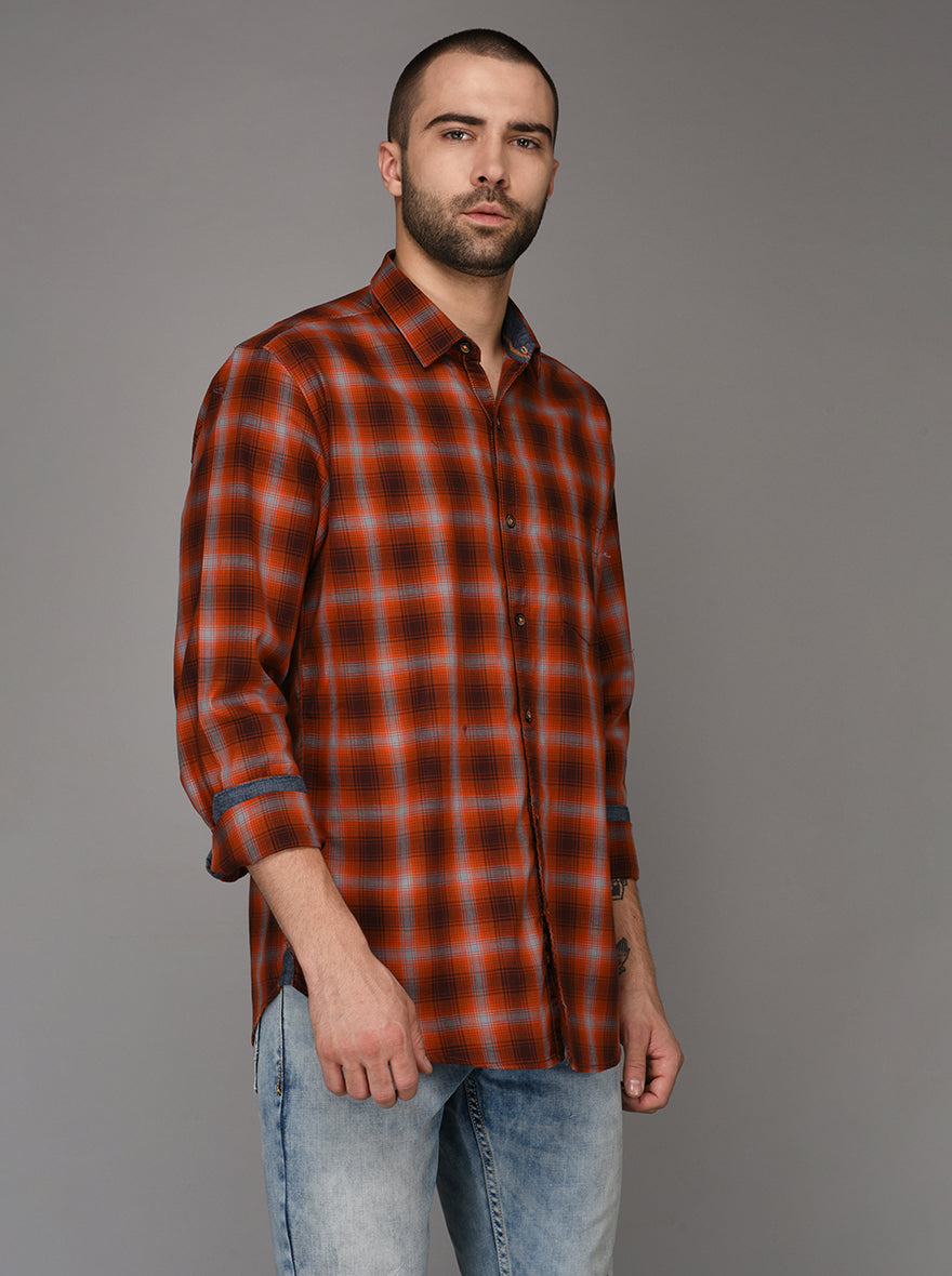 JB Sport Orange Checked Slim Fit Casual Shirt