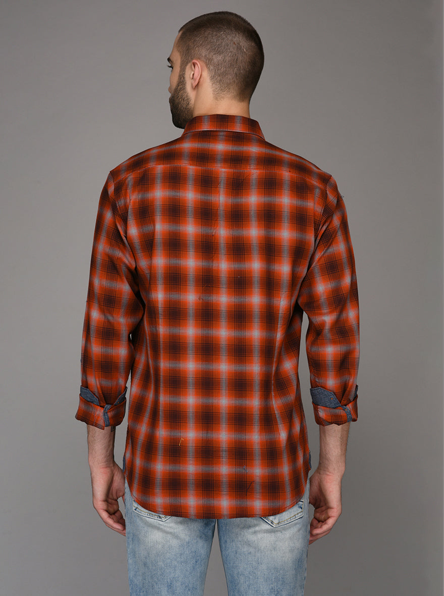 JB Sport Orange Checked Slim Fit Casual Shirt