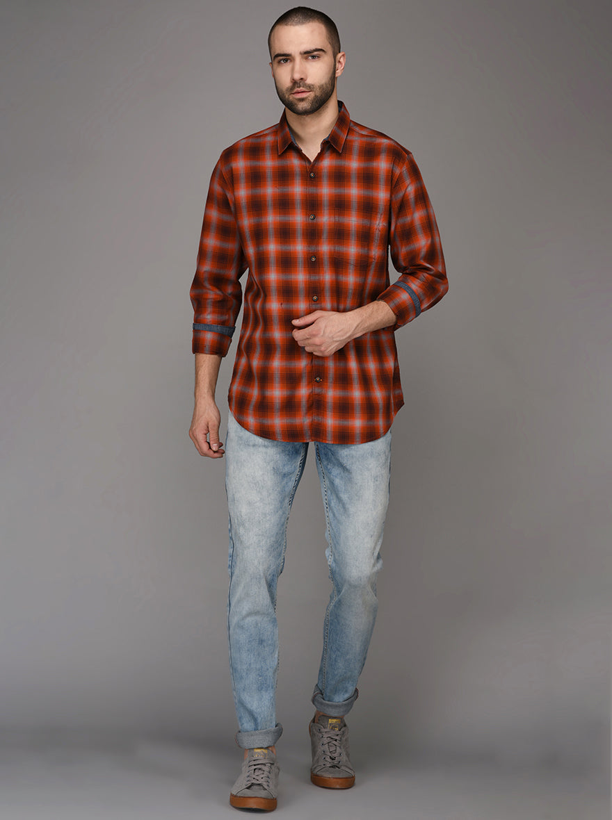 JB Sport Orange Checked Slim Fit Casual Shirt