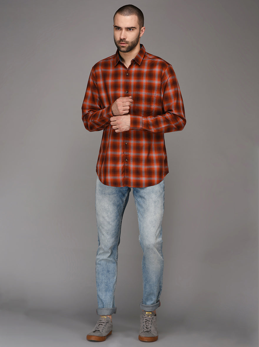 JB Sport Orange Checked Slim Fit Casual Shirt