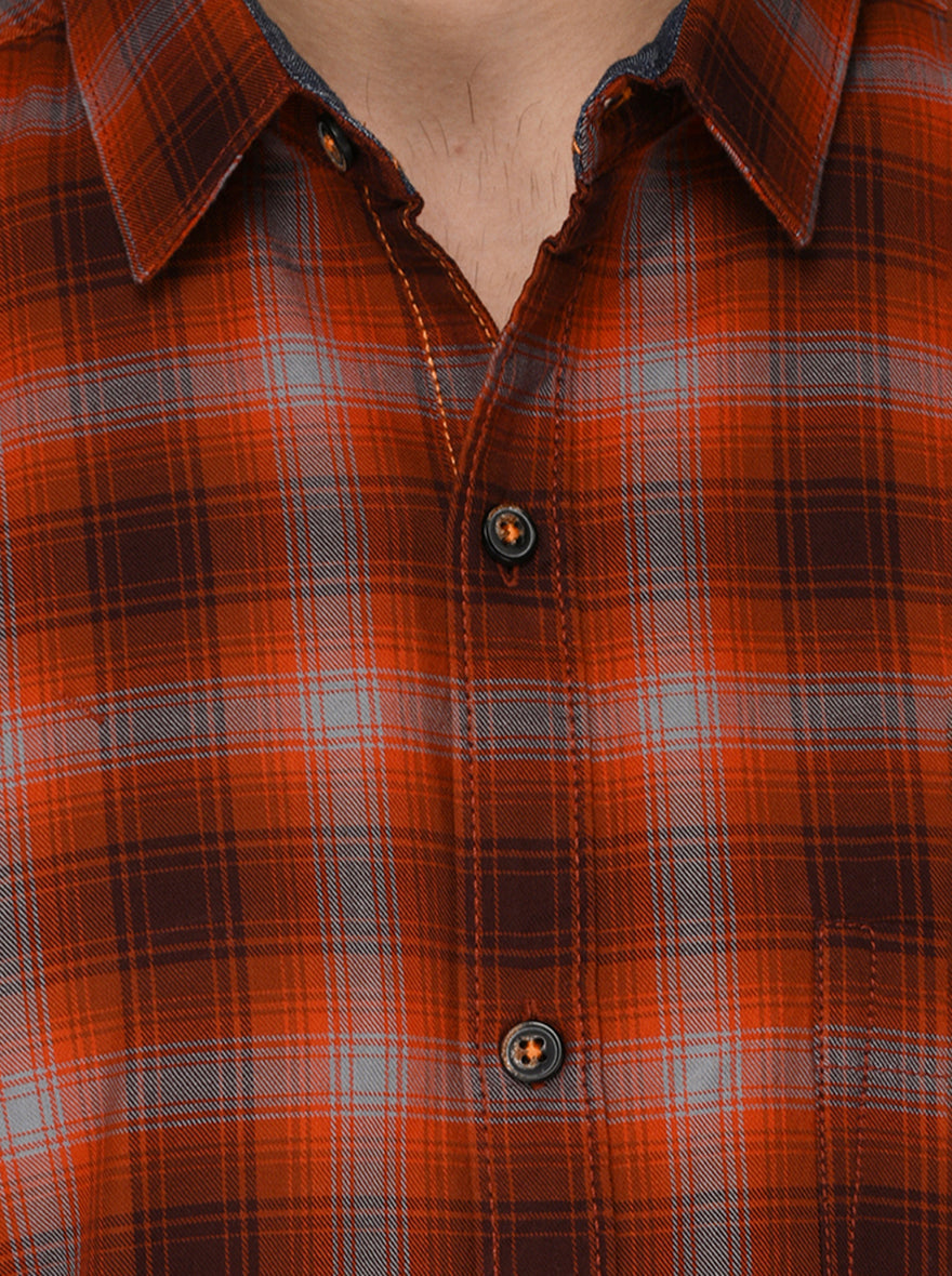 JB Sport Orange Checked Slim Fit Casual Shirt