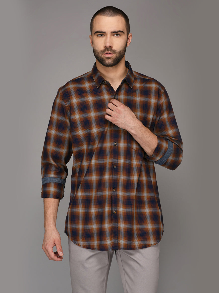 JB Sport Brown Checked Slim Fit Casual Shirt