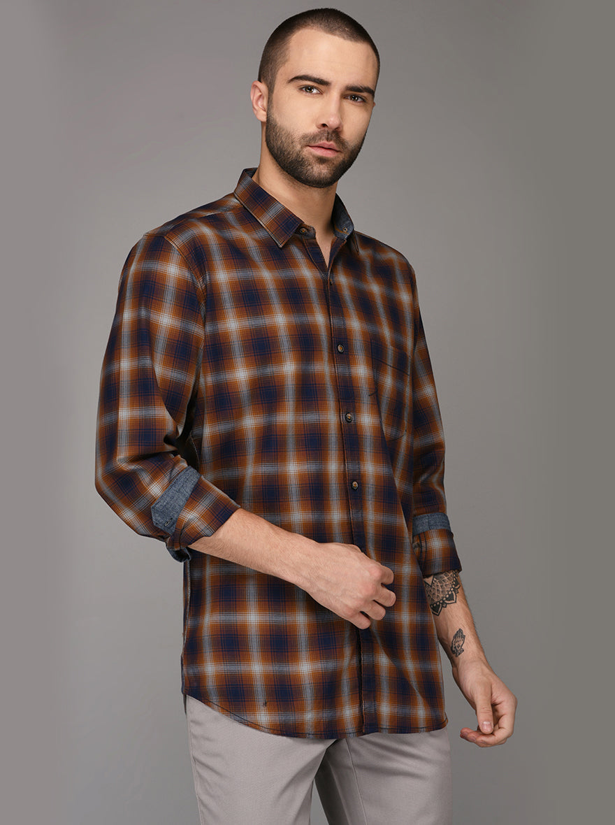 JB Sport Brown Checked Slim Fit Casual Shirt