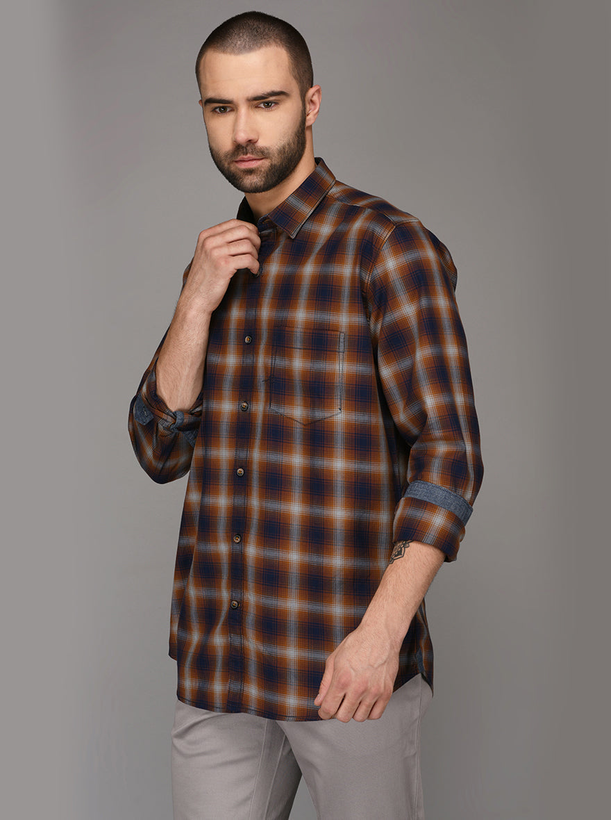 JB Sport Brown Checked Slim Fit Casual Shirt