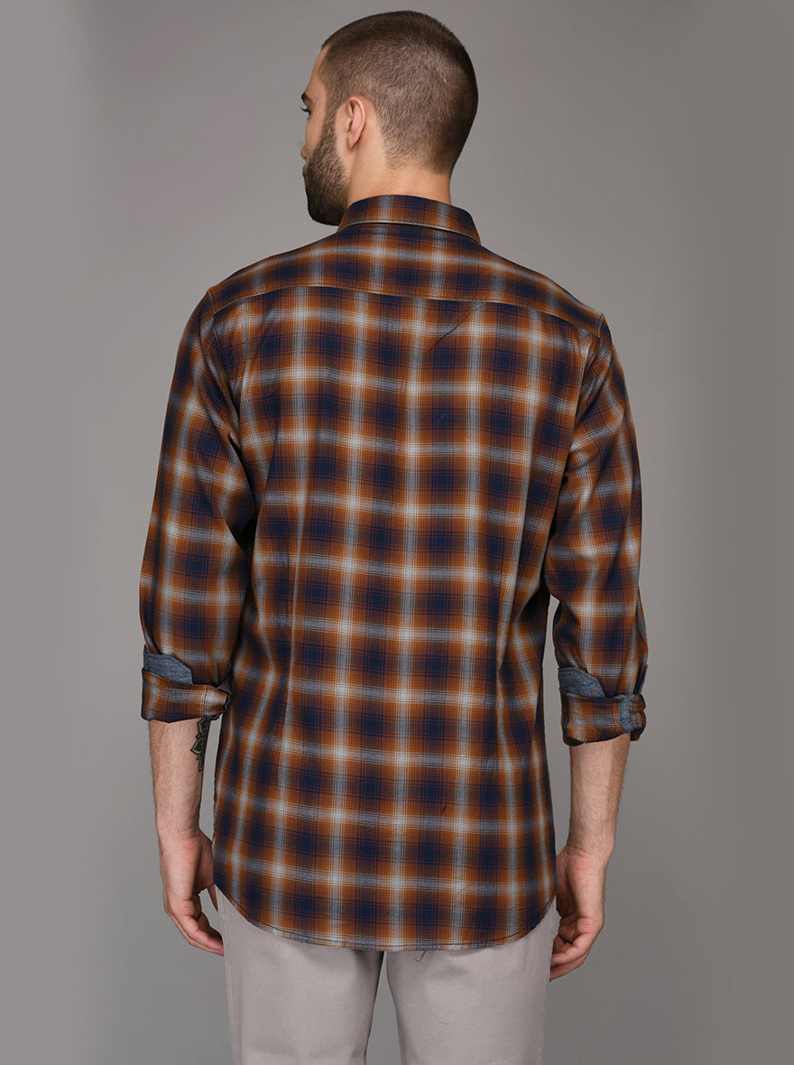 JB Sport Brown Checked Slim Fit Casual Shirt