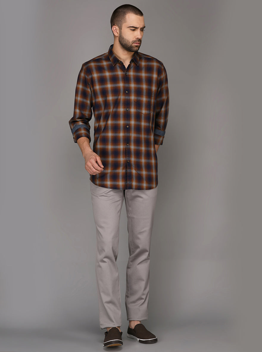 JB Sport Brown Checked Slim Fit Casual Shirt