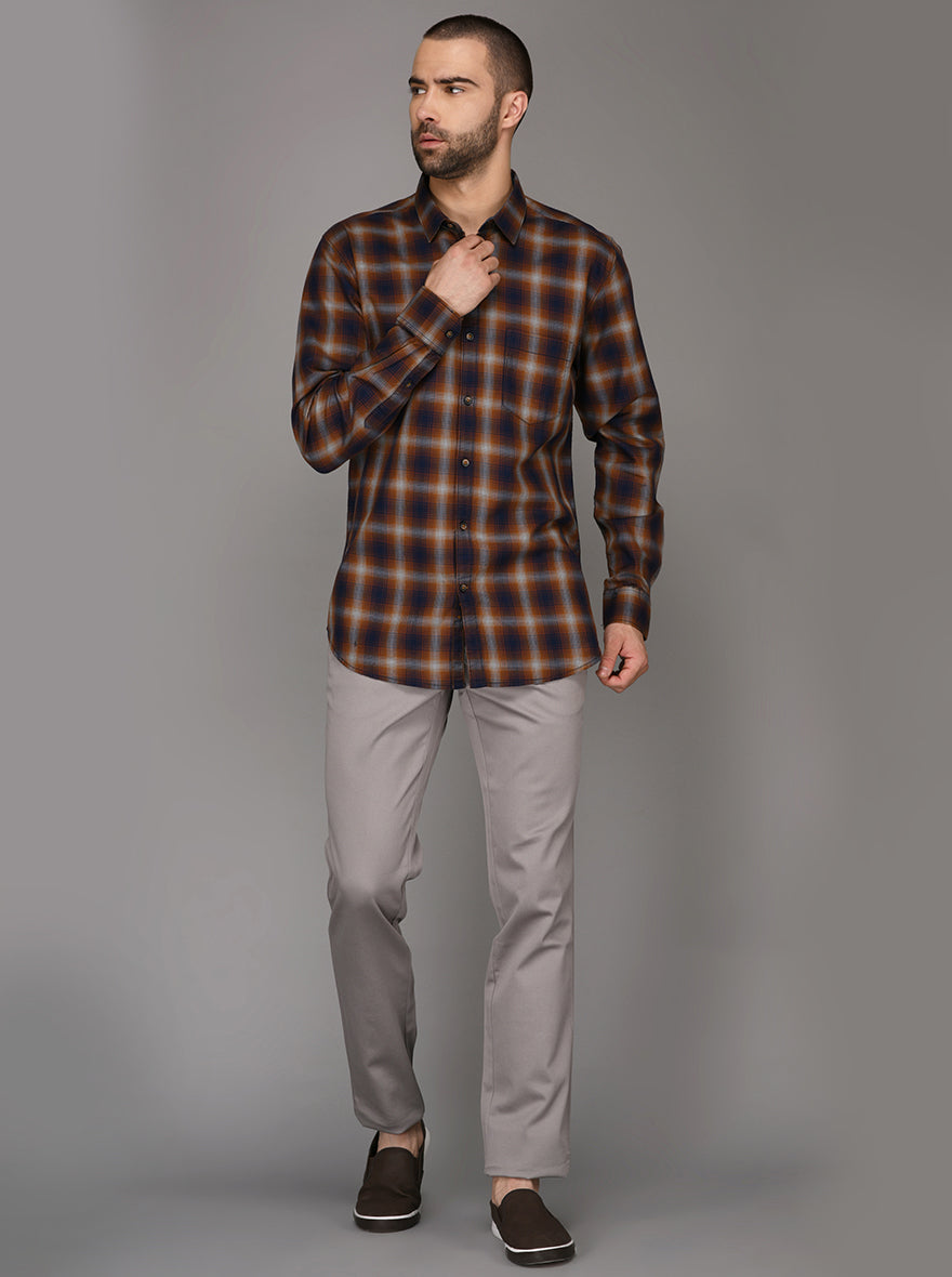 JB Sport Brown Checked Slim Fit Casual Shirt