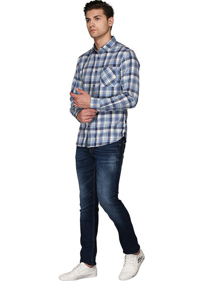 Greenfibre Blue & Grey Checked  Slim Fit Casual Shirt