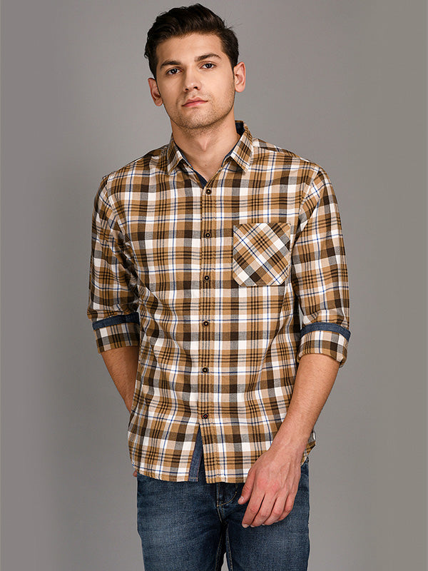Greenfibre Brown Checked Slim Fit Casual Shirt