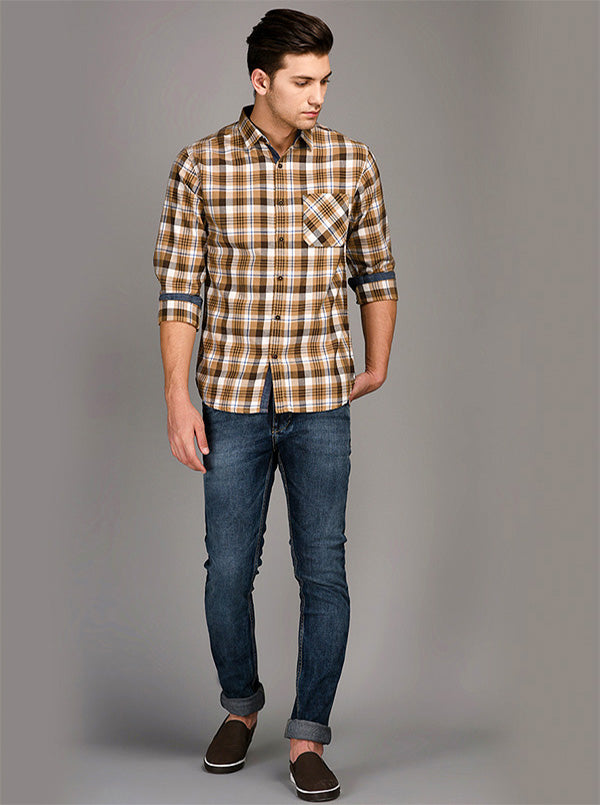 Greenfibre Brown Checked Slim Fit Casual Shirt