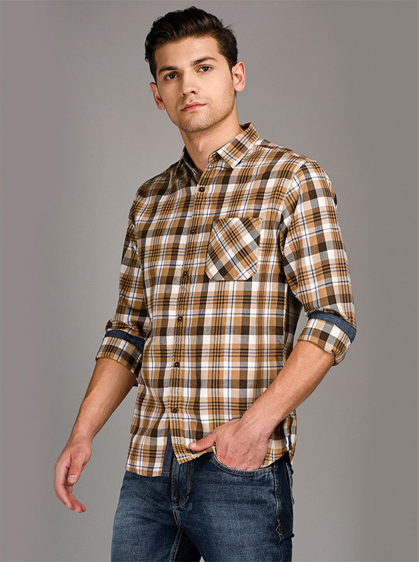 Greenfibre Brown Checked Slim Fit Casual Shirt