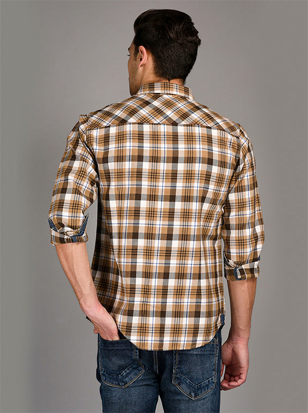 Greenfibre Brown Checked Slim Fit Casual Shirt