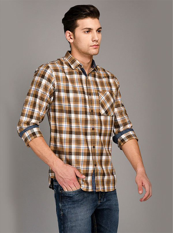Greenfibre Brown Checked Slim Fit Casual Shirt