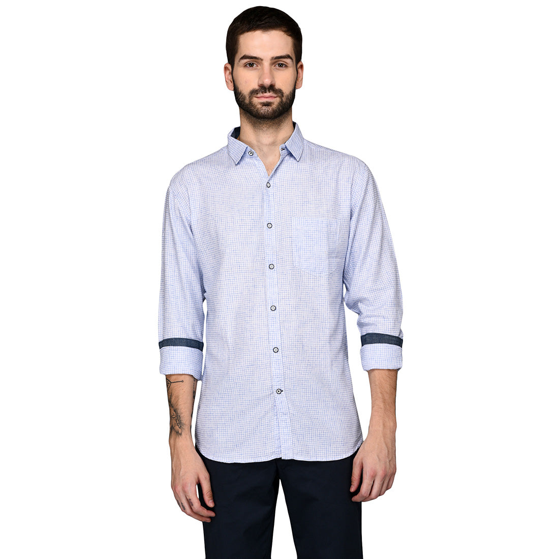 Greenfibre Sky Blue Checked Slim Fit Casual Shirt